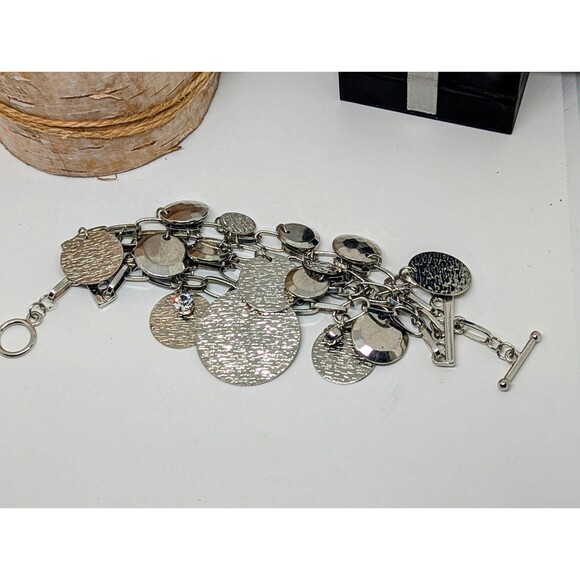 Vintage MultiChain Metal Silvertone Hammered Discs~Crystal Charm Toggle Bracelet - Picture 4 of 6